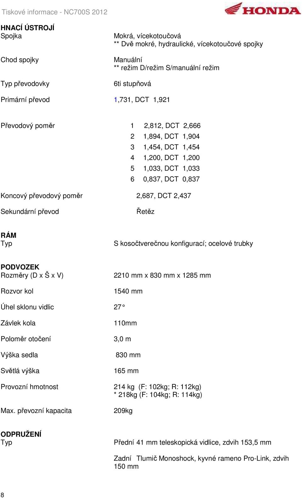 Řetěz RÁM S kosočtverečnou konfigurací; ocelové trubky PODVOZEK Rozměry (D x Š x V) Rozvor kol 2210 mm x 830 mm x 1285 mm 1540 mm Úhel sklonu vidlic 27 Závlek kola Poloměr otočení Výška sedla Světlá