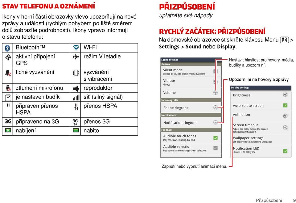 vyzvánění s vibracemi reproduktor síť (silný signál) přenos HSPA přenos 3G nabito Přizpůsobení uplatněte své nápady Rychlý začátek: Přizpůsobení Na domovské obrazovce stiskněte klávesu Menu >