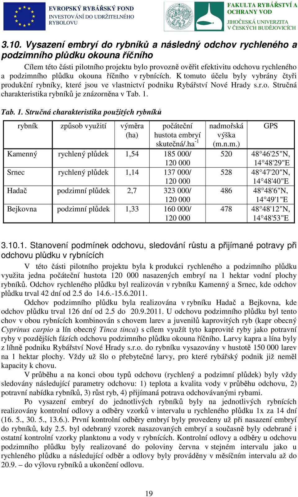 1. Tab. 1. Stručná charakteristika použitých rybníků rybník způsob využití výměra (ha) počáteční hustota embryí skutečná/.