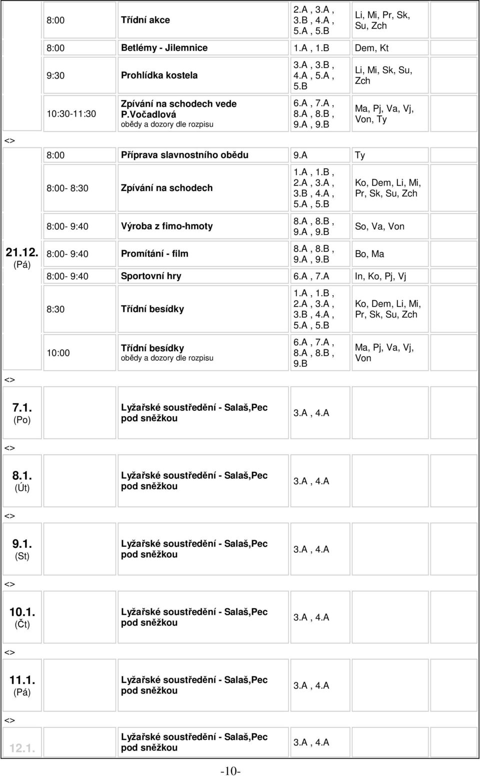 A Ty 8:00-8:30 Zpívání na schodech 8:00-9:40 Výroba z fimo-hmoty 8:00-9:40 Promítání - film 1.A, 1.B, 2.A, 3.A, 3.B, 4.A, 5.A, 5.B 8.A, 8.B, 9.A, 9.