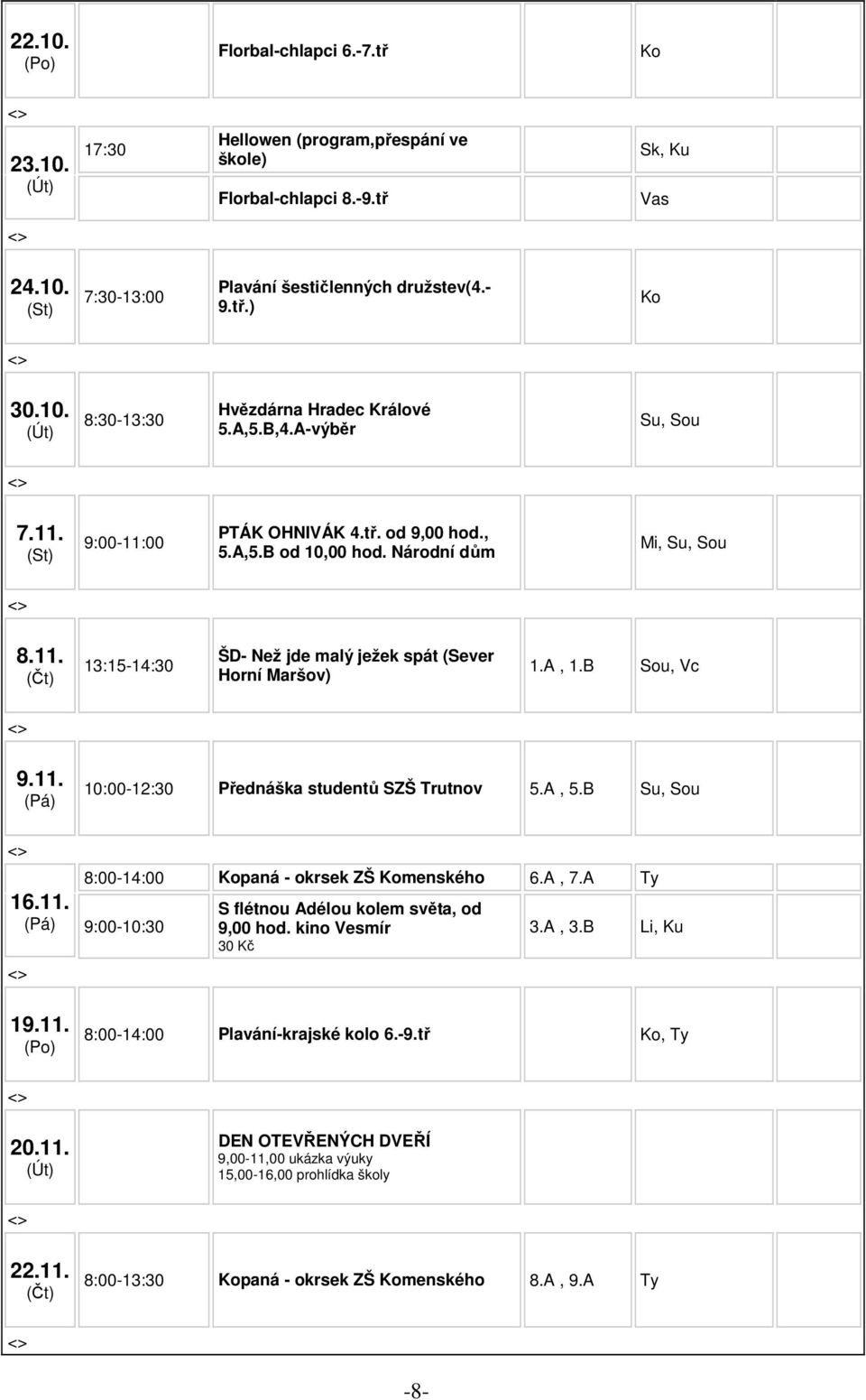 B Sou, Vc 9.11. 10:00-12:30 Přednáška studentů SZŠ Trutnov 5.A, 5.B Su, Sou 8:00-14:00 Kopaná - okrsek ZŠ Komenského 6.A, 7.A Ty 16.11. 9:00-10:30 S flétnou Adélou kolem světa, od 9,00 hod.