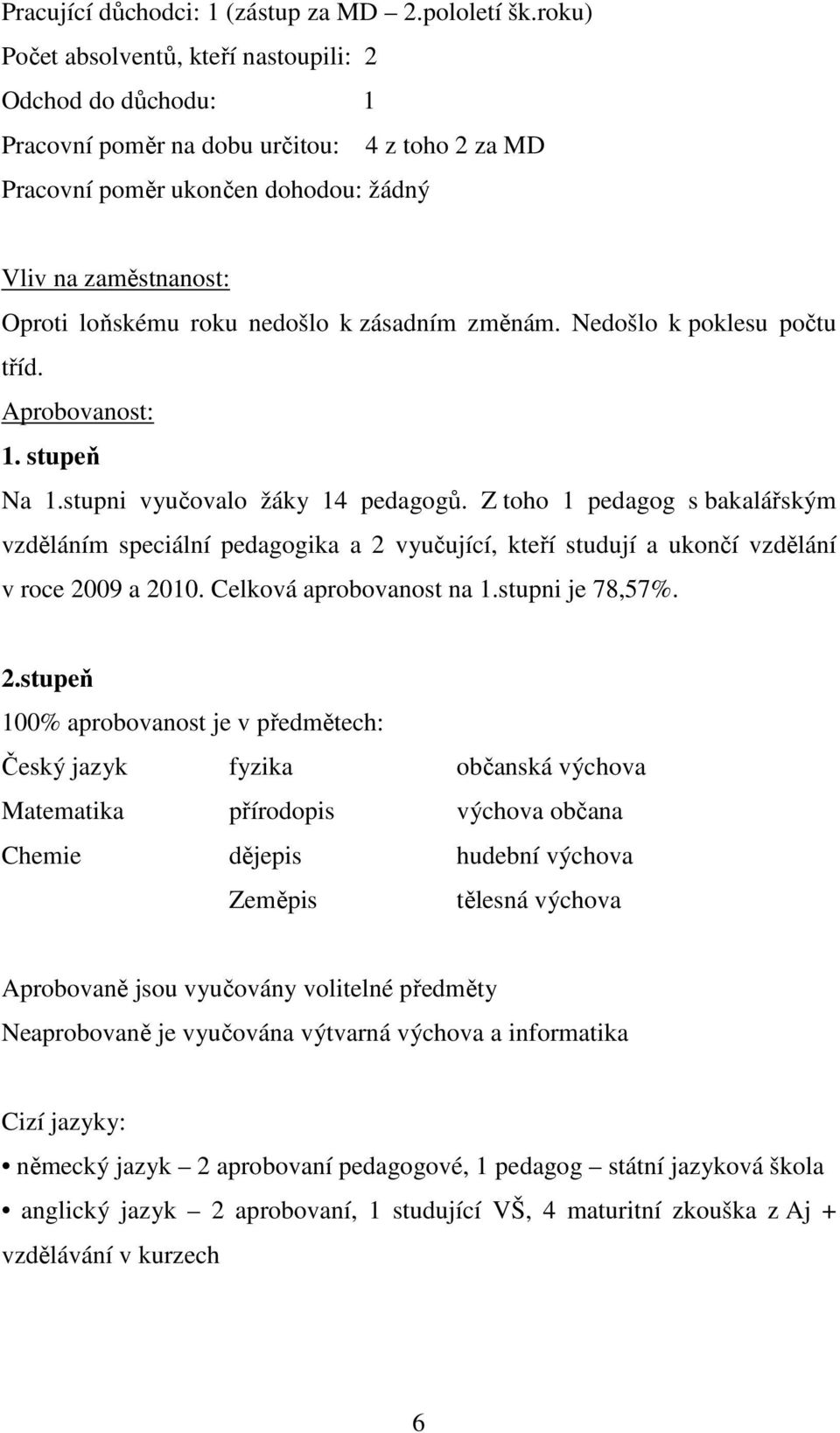 nedošlo k zásadním změnám. Nedošlo k poklesu počtu tříd. Aprobovanost: 1. stupeň Na 1.stupni vyučovalo žáky 14 pedagogů.