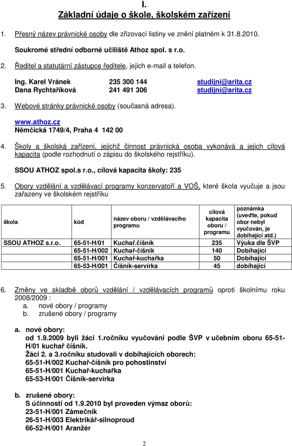 Webové stránky právnické osoby (současná adresa). www.athoz.cz Němčická 1749/4, Praha 4 142 00 4.