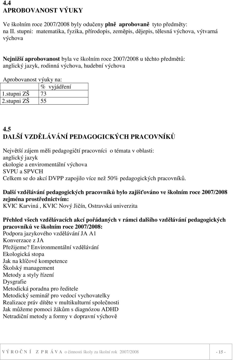 hudební výchova Aprobovanost výuky na: % vyjádření 1.stupni ZŠ 73 2.stupni ZŠ 55 4.