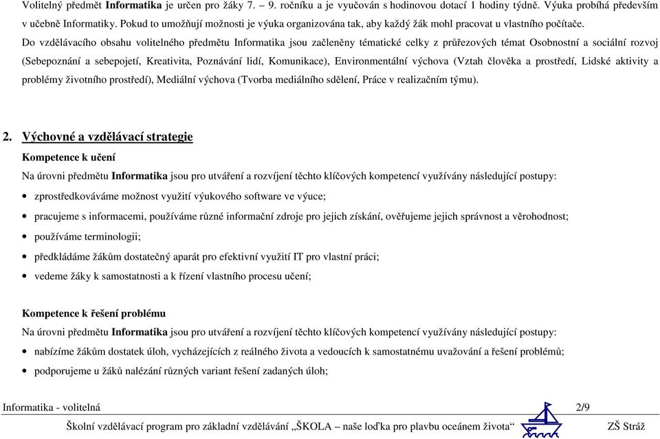 Do vzdělávacího obsahu volitelného předmětu Informatika jsou začleněny tématické celky z průřezových témat Osobnostní a sociální rozvoj (Sebepoznání a sebepojetí, Kreativita, Poznávání lidí,