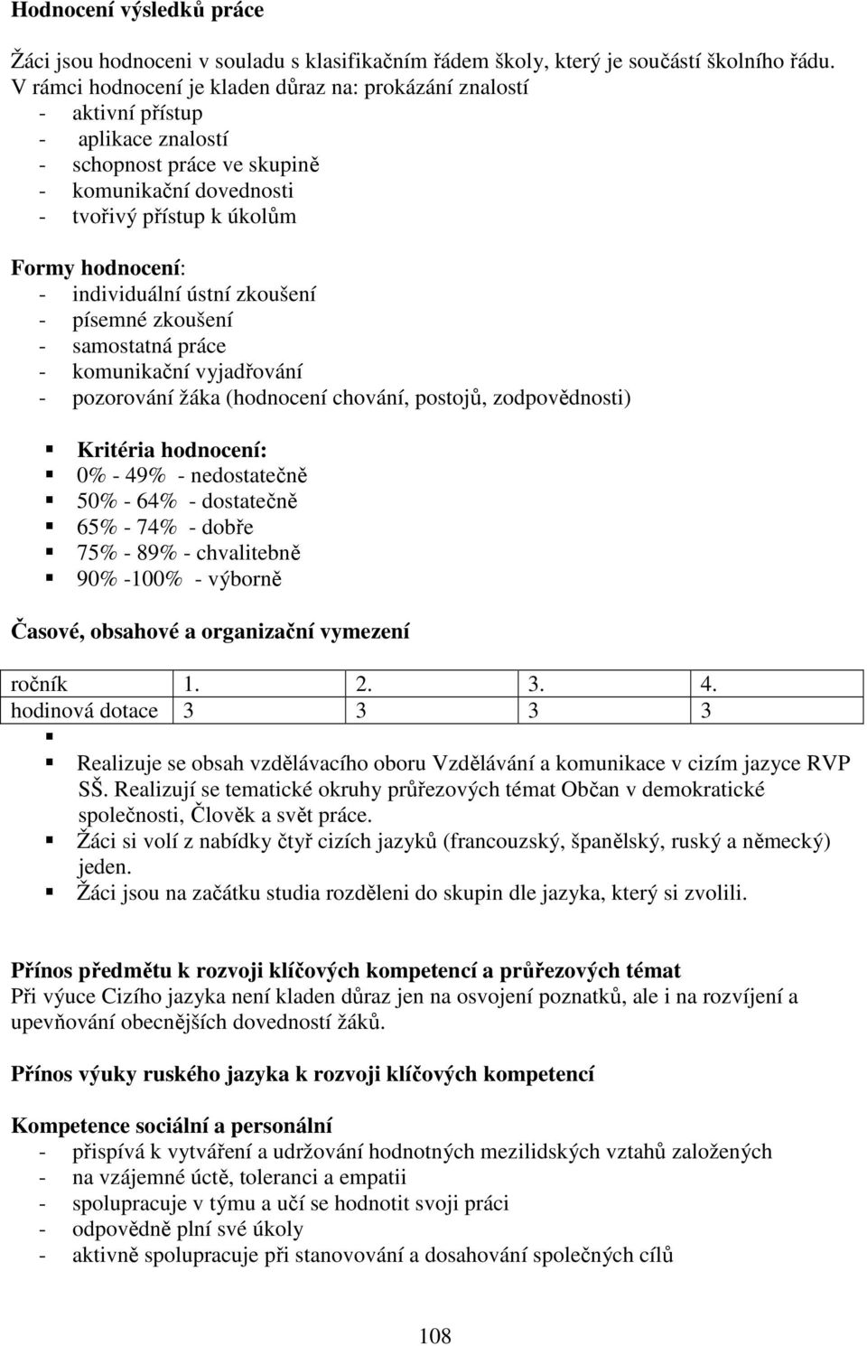 individuální ústní zkoušení - písemné zkoušení - samostatná práce - komunikační vyjadřování - pozorování žáka (hodnocení chování, postojů, zodpovědnosti) Kritéria hodnocení: 0% - 49% - nedostatečně