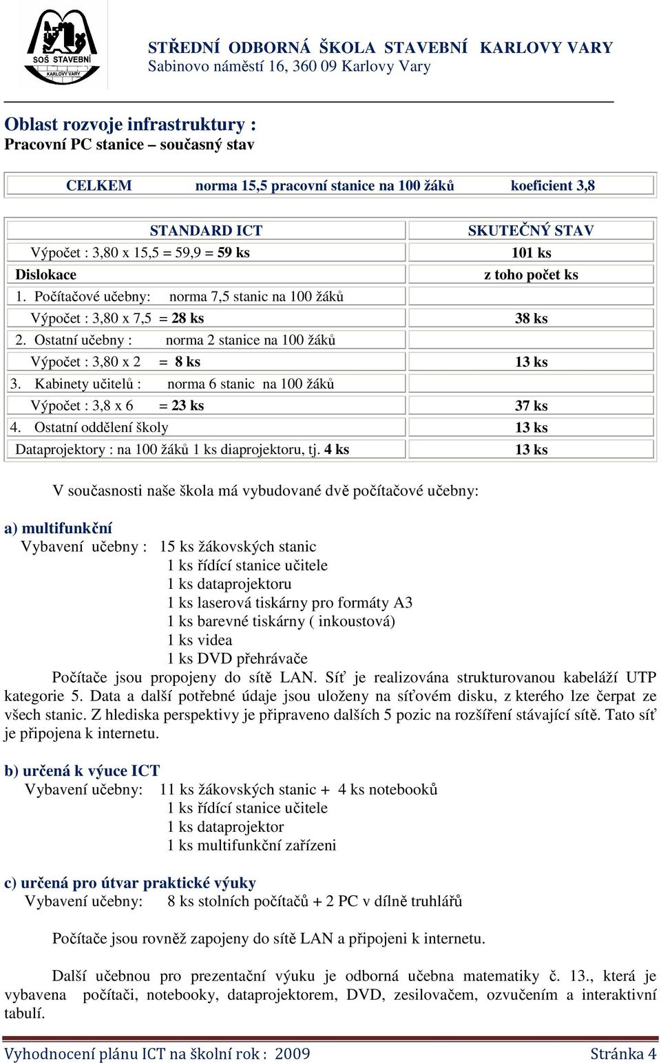 Ostatní učebny : norma 2 stanice na 100 žáků SKUTEČNÝ STAV 101 ks z toho počet ks 38 ks Výpočet : 3,80 x 2 = 8 ks 13 ks 3.