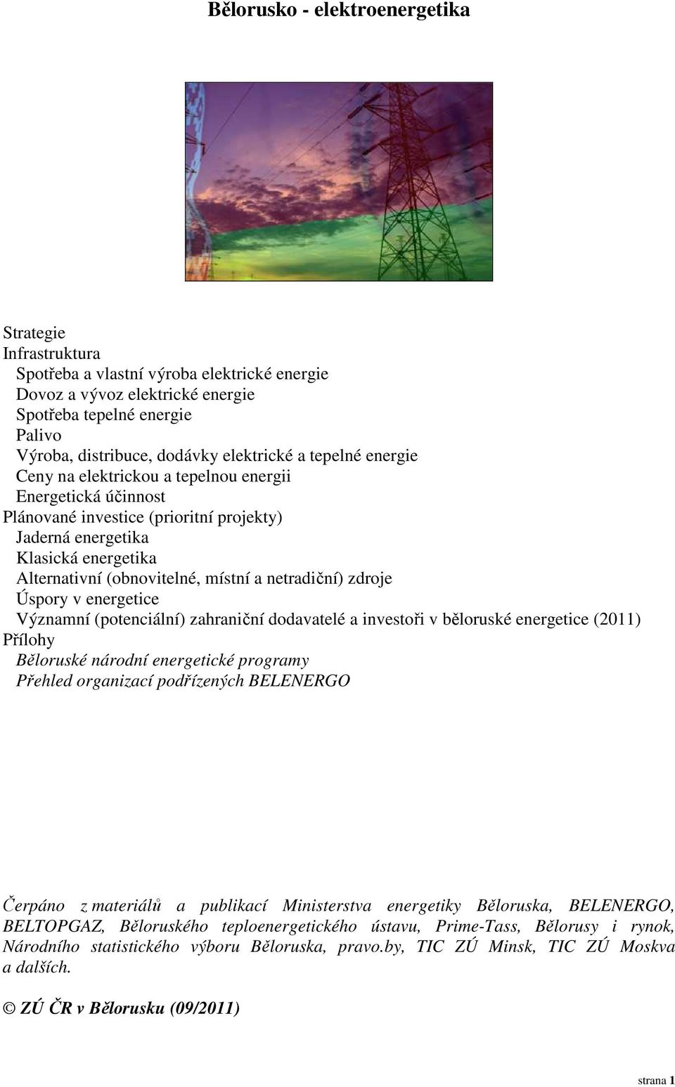 místní a netradiční) zdroje Úspory v energetice Významní (potenciální) zahraniční dodavatelé a investoři v běloruské energetice (2011) Přílohy Běloruské národní energetické programy Přehled