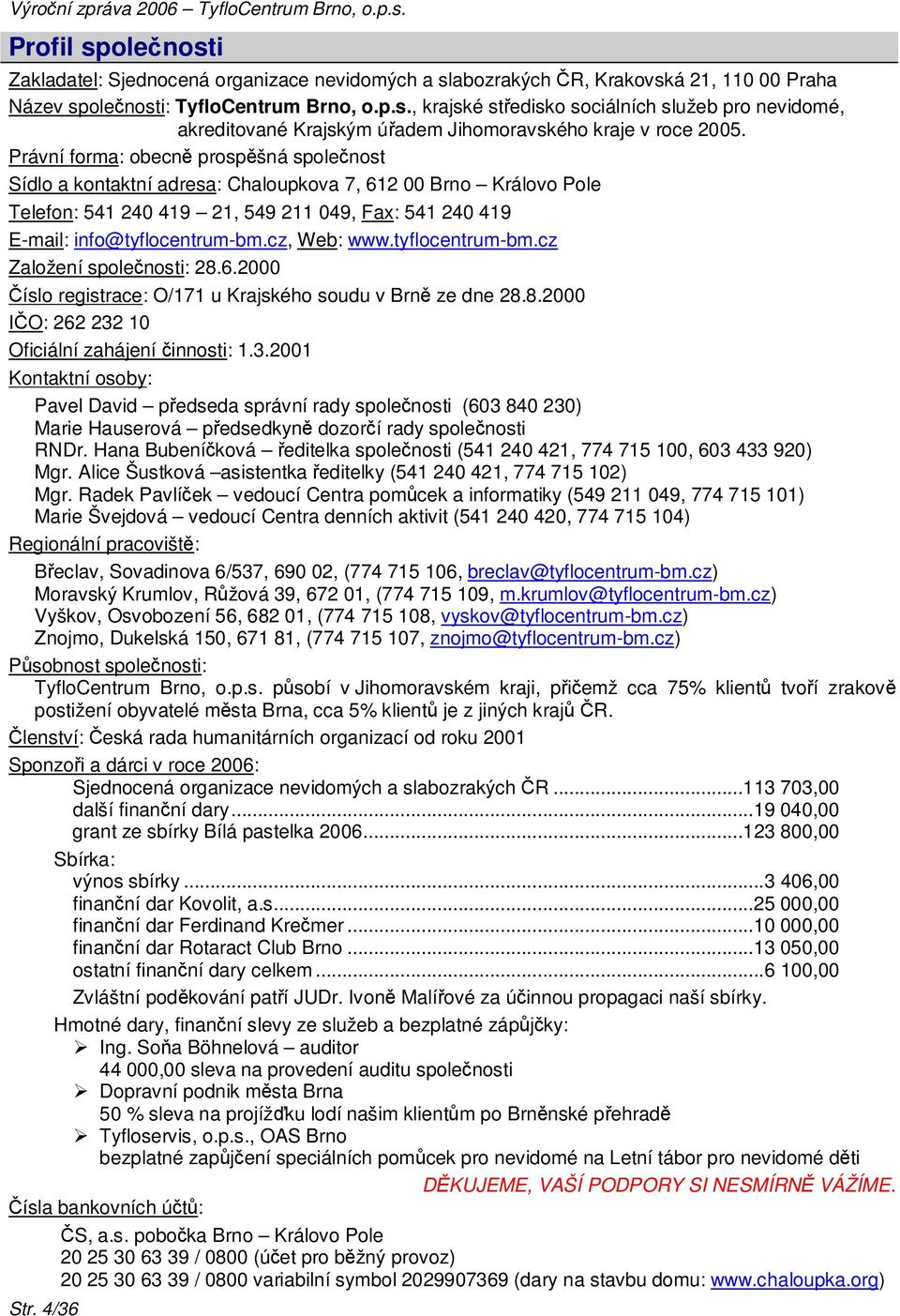 cz, Web: www.tyflocentrum-bm.cz Založení společnosti: 28.6.2000 Číslo registrace: O/171 u Krajského soudu v Brně ze dne 28.8.2000 IČO: 262 232