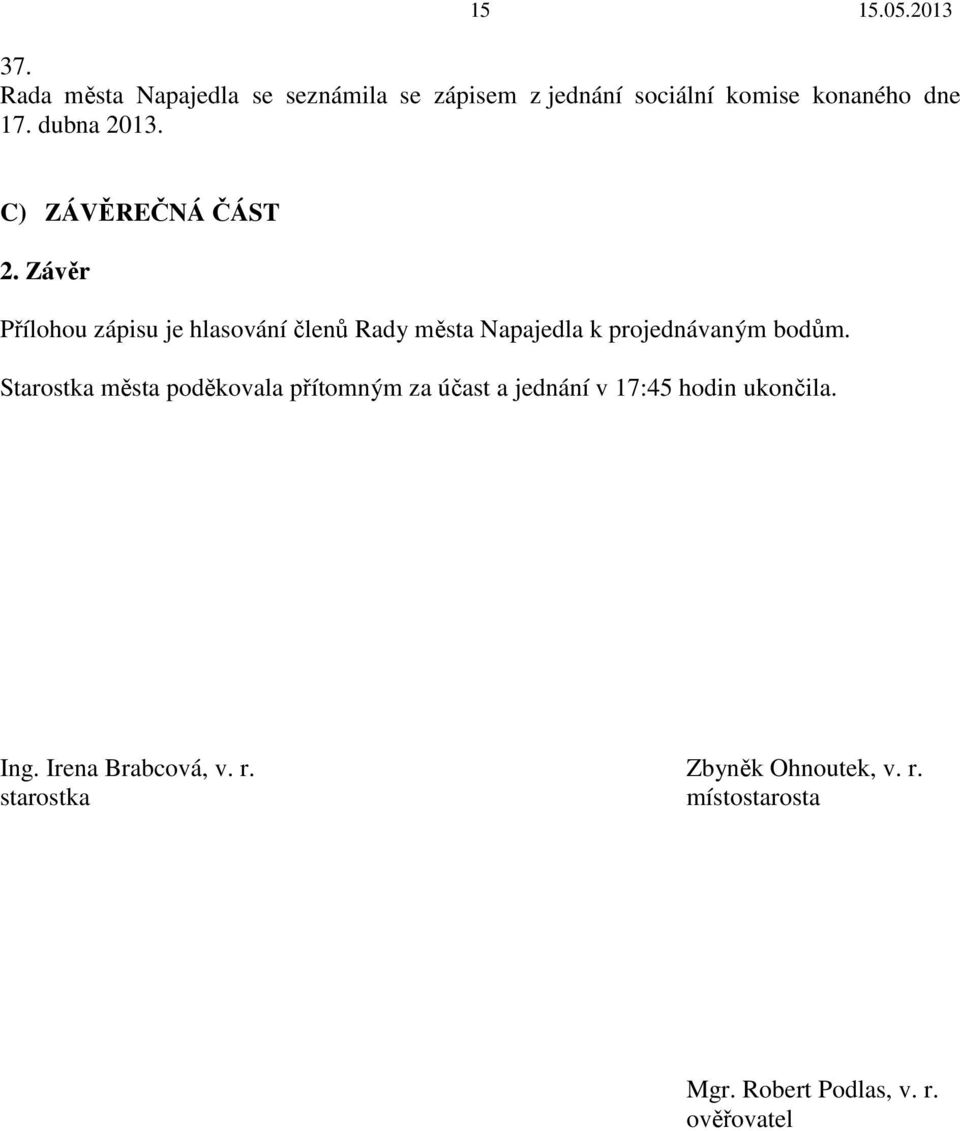 Závěr Přílohou zápisu je hlasování členů Rady města Napajedla k projednávaným bodům.