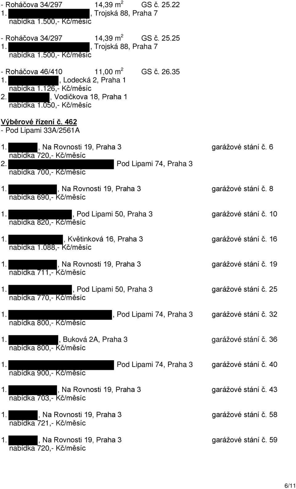 Pod Lipami 74, Praha 3 nabídka 700,- Kč/měsíc 1., Na Rovnosti 19, Praha 3 garážové stání č. 8 nabídka 690,- Kč/měsíc 1., Pod Lipami 50, Praha 3 garážové stání č. 10 nabídka 820,- Kč/měsíc 1.