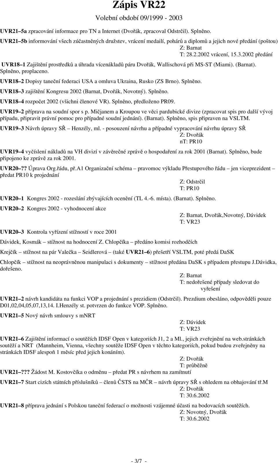 2002 předání UVR18 1 Zajištění prostředků a úhrada vícenákladů páru Dvořák, Wallischová při MS-ST (Miami). (Barnat). Splněno, proplaceno.