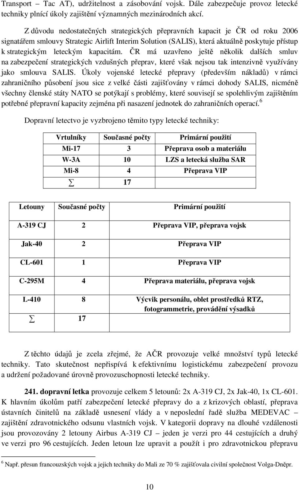 kapacitám. ČR má uzavřeno ještě několik dalších smluv na zabezpečení strategických vzdušných přeprav, které však nejsou tak intenzivně využívány jako smlouva SALIS.