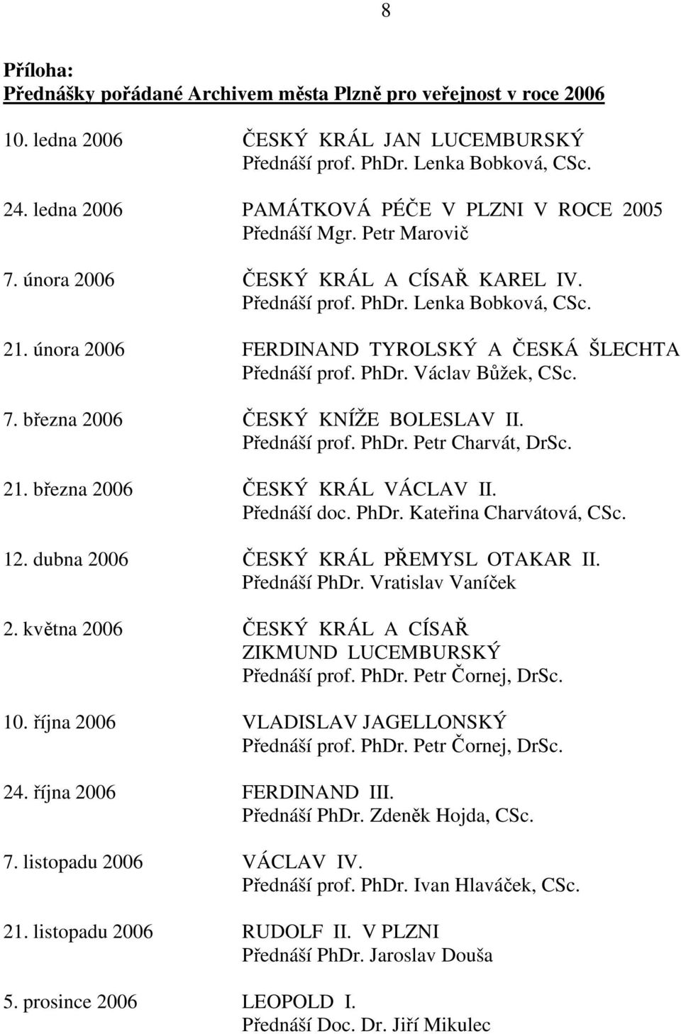 února 2006 FERDINAND TYROLSKÝ A ČESKÁ ŠLECHTA Přednáší prof. PhDr. Václav Bůžek, CSc. 7. března 2006 ČESKÝ KNÍŽE BOLESLAV II. Přednáší prof. PhDr. Petr Charvát, DrSc. 21.