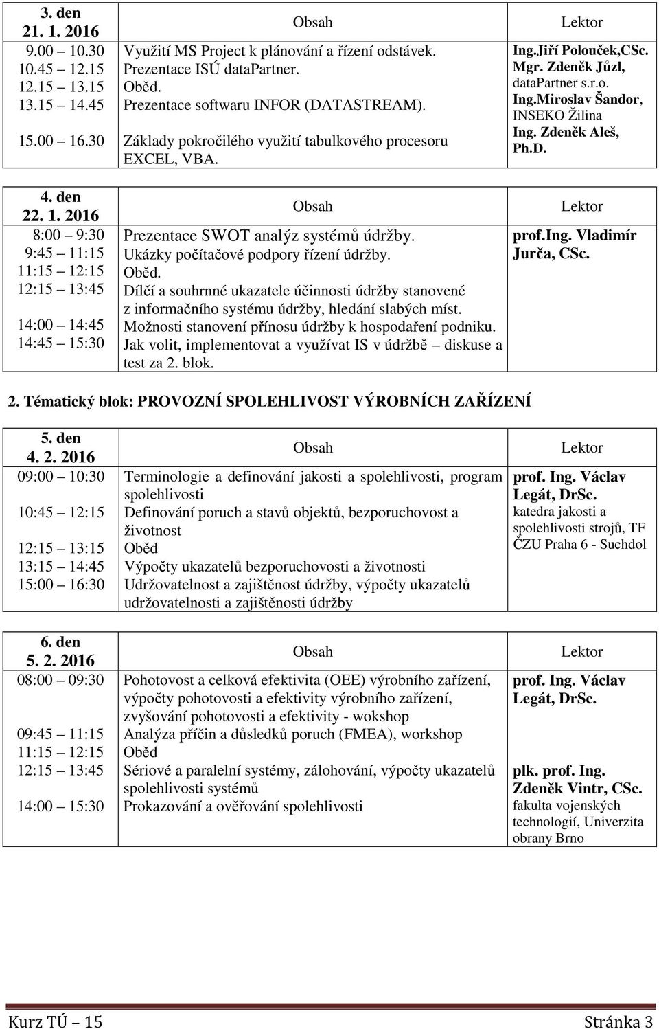 2016 8:00 9:30 9:45 11:15 11:15 12:15 12:15 13:45 14:00 14:45 14:45 15:30 Prezentace SWOT analýz systémů údržby. Ukázky počítačové podpory řízení údržby.