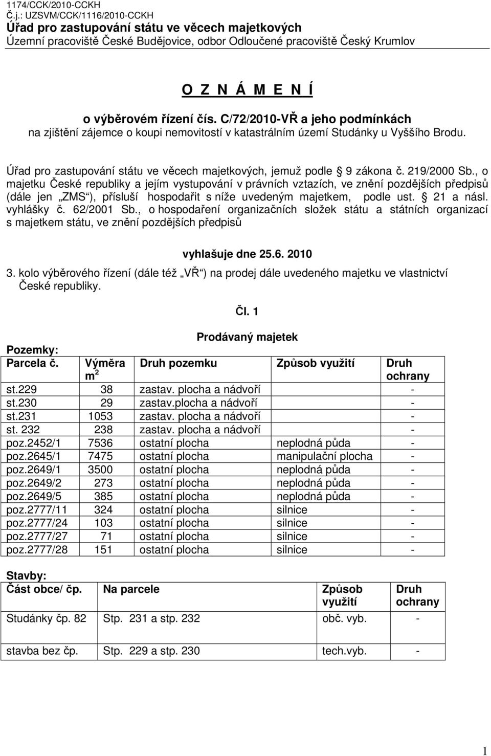 C/72/2010-VŘ a jeho podmínkách na zjištění zájemce o koupi nemovitostí v katastrálním území Studánky u Vyššího Brodu. Úřad pro zastupování státu ve věcech majetkových, jemuž podle 9 zákona č.