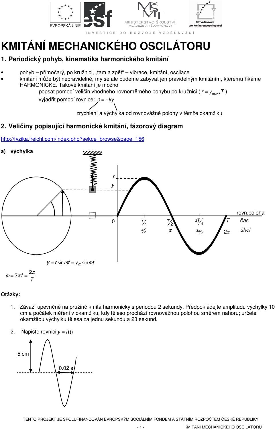 Takové kiání je ožno popsa poocí veičin vhodného rovnoěrného pohbu po kružnici ( r =, T ) vjádři poocí rovnice: a = k zrchení a výchka od rovnovážné pooh v éže okažiku.