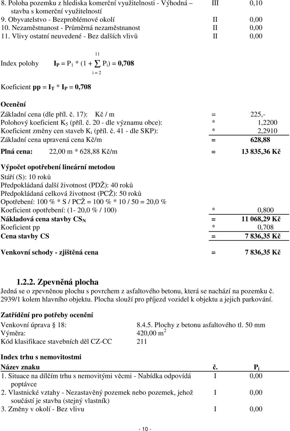 Vlivy ostatní neuvedené - Bez dalších vlivů II 0,00 Index polohy I P = P 1 * (1 + Σ P i) = 0,708 Koeficient pp = I T * I P = 0,708 11 i = 2 Ocenění Základní cena (dle příl. č.