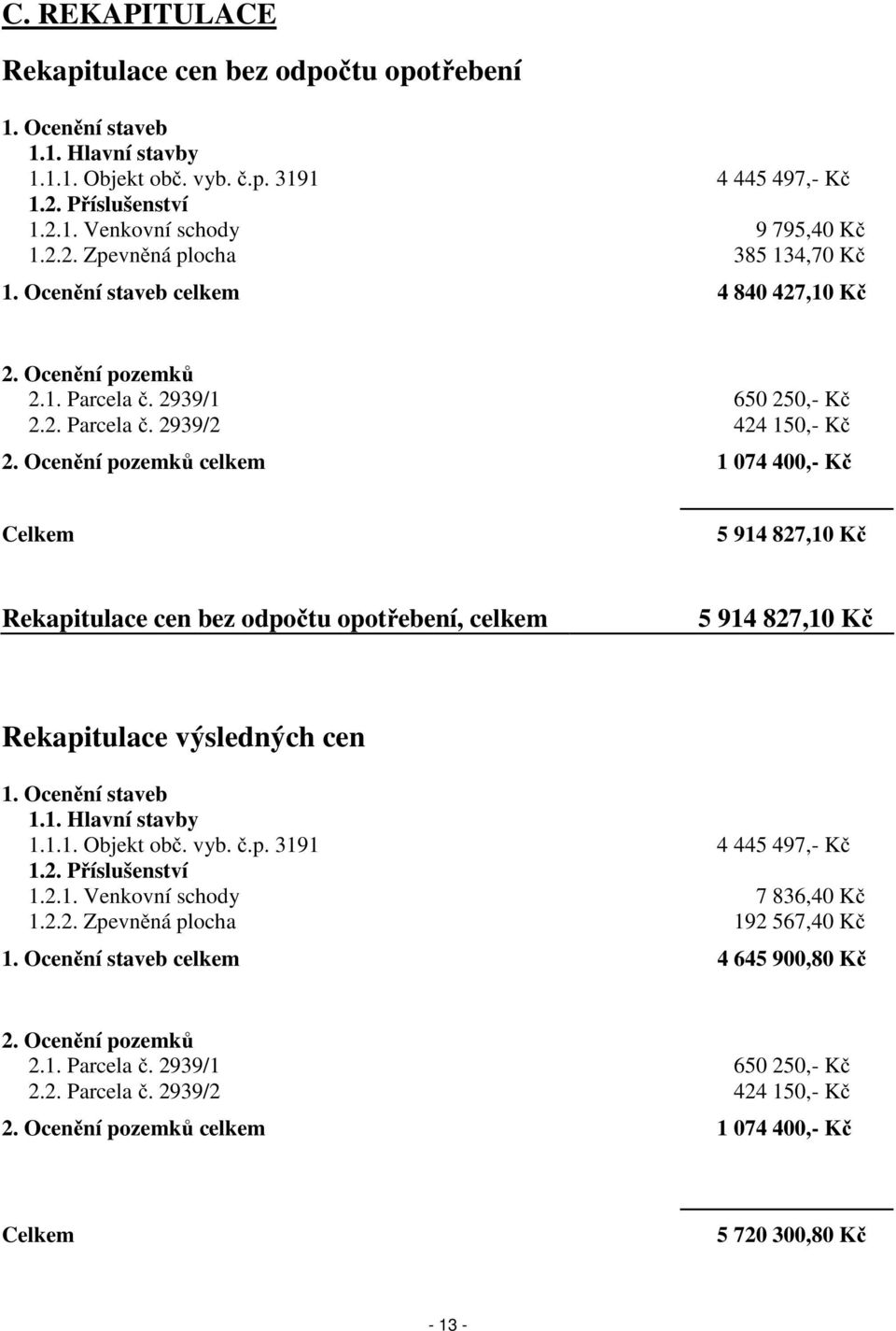 Ocenění pozemků celkem 1 074 400,- Kč Celkem 5 914 827,10 Kč Rekapitulace cen bez odpočtu opotřebení, celkem 5 914 827,10 Kč Rekapitulace výsledných cen 1. Ocenění staveb 1.1. Hlavní stavby 1.1.1. Objekt obč.