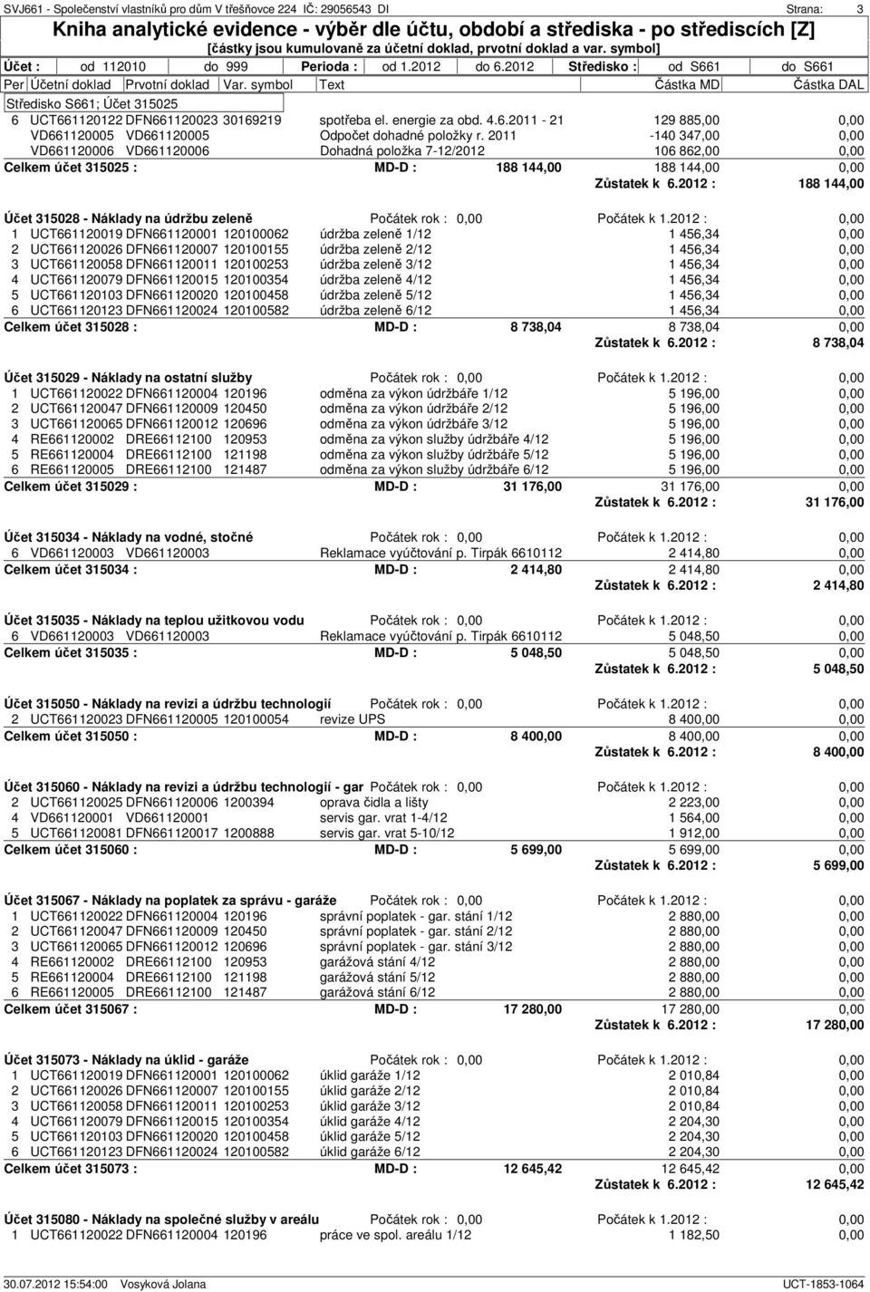 2012 : 188 144,00 Účet 315028 - Náklady na údržbu zeleně Počátek rok : 1 UCT661120019 DFN661120001 120100062 údržba zeleně 1/12 2 UCT661120026 DFN661120007 120100155 údržba zeleně 2/12 3 UCT661120058