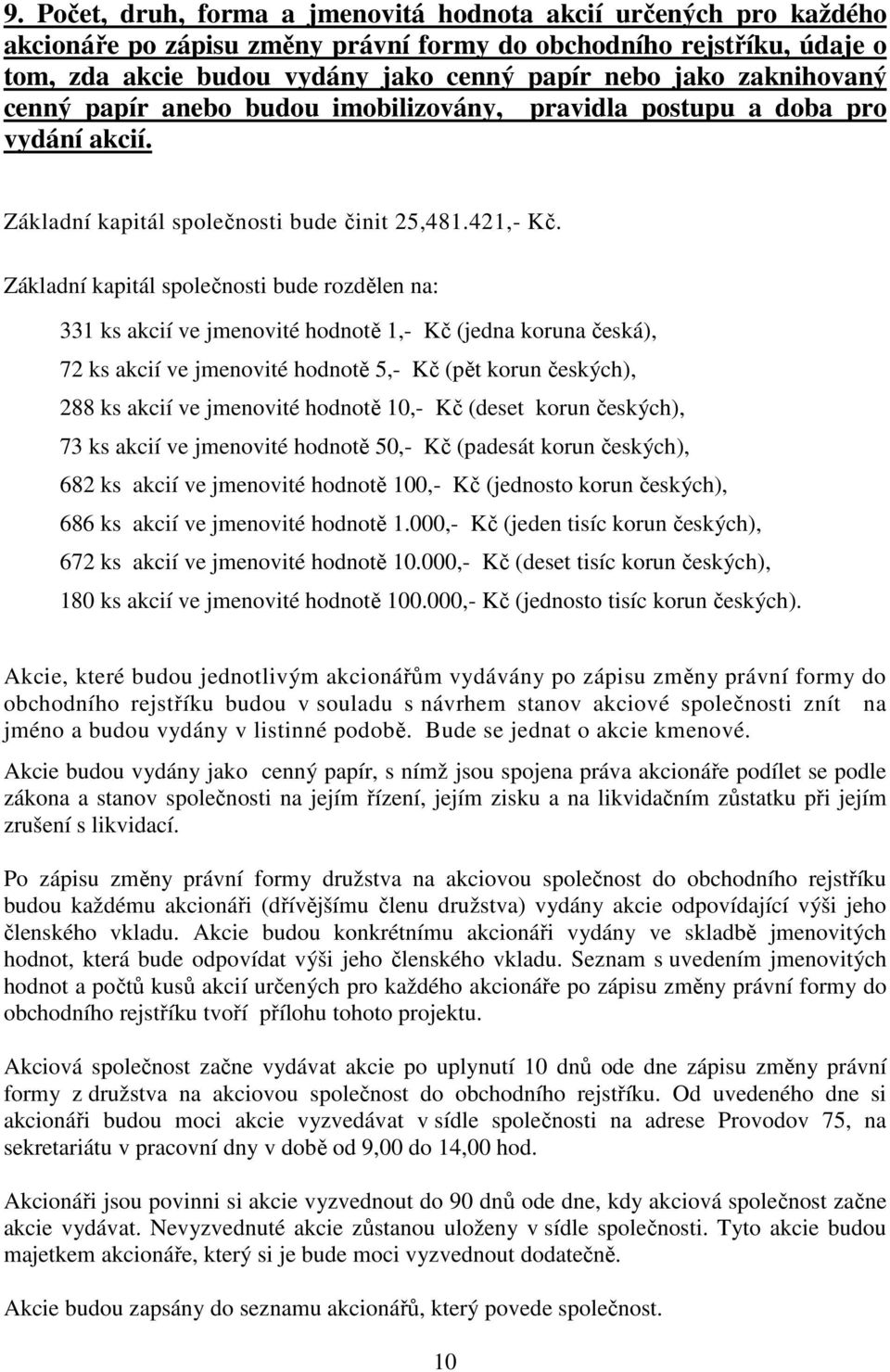 Základní kapitál společnosti bude rozdělen na: 331 ks akcií ve jmenovité hodnotě 1,- Kč (jedna koruna česká), 72 ks akcií ve jmenovité hodnotě 5,- Kč (pět korun českých), 288 ks akcií ve jmenovité