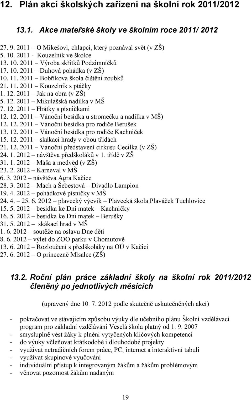 2011 Jak na obra (v ZŠ) 5. 12. 2011 Mikulášská nadílka v MŠ 7. 12. 2011 Hrátky s písničkami 12. 12. 2011 Vánoční besídka u stromečku a nadílka v MŠ) 12. 12. 2011 Vánoční besídka pro rodiče Berušek 13.