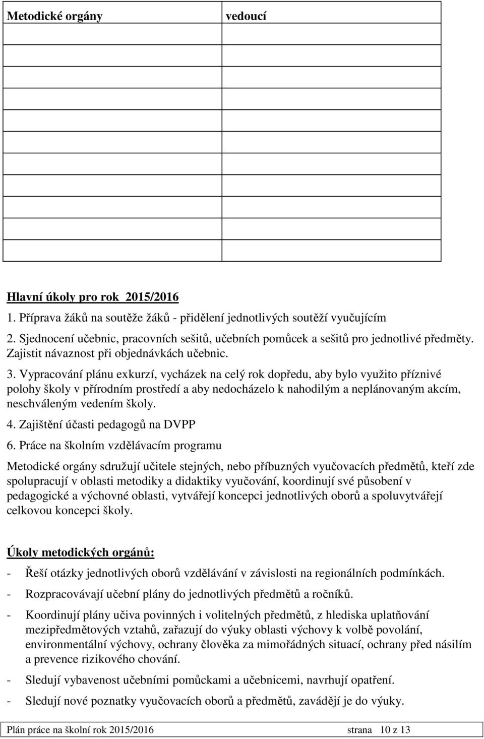 Vypracování plánu exkurzí, vycházek na celý rok dopředu, aby bylo využito příznivé polohy školy v přírodním prostředí a aby nedocházelo k nahodilým a neplánovaným akcím, neschváleným vedením školy. 4.