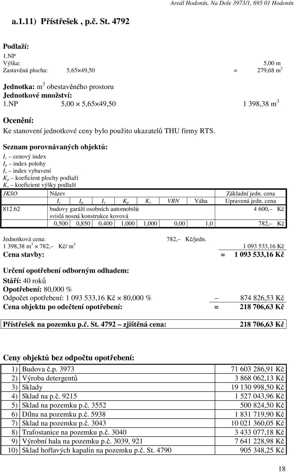 Seznam porovnávaných objektů: I c cenový index I p index polohy I v index vybavení K p koeficient plochy podlaží K v koeficient výšky podlaží JKSO Název Základní jedn.