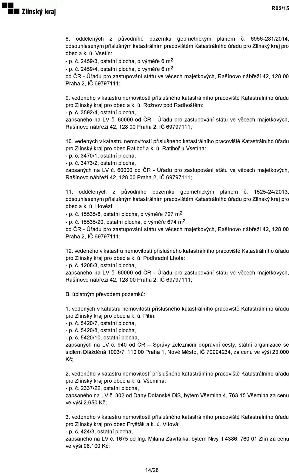 vedeného v katastru nemovitostí příslušného katastrálního pracoviště Katastrálního úřadu pro Zlínský kraj pro obec a k. ú. Rožnov pod Radhoštěm: - p. č. 3592/4, ostatní plocha, zapsaného na LV č.