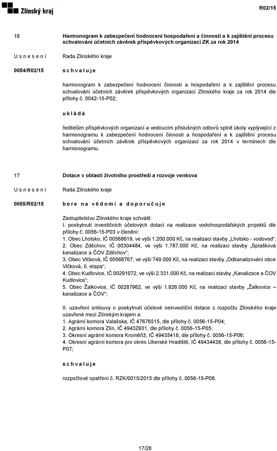 0042-15-P02; u k l á d á ředitelům příspěvkových organizací a vedoucím příslušných odborů splnit úkoly vyplývající z harmonogramu k zabezpečení hodnocení činnosti a hospodaření a k zajištění procesu