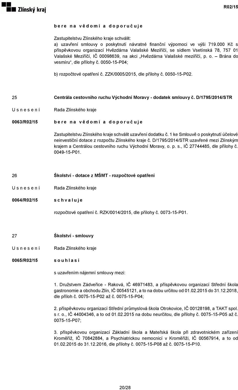 0050-15-P04; b) rozpočtové opatření č. ZZK/0005/2015, dle přílohy č. 0050-15-P02. 25 Centrála cestovního ruchu Východní Moravy - dodatek smlouvy č.