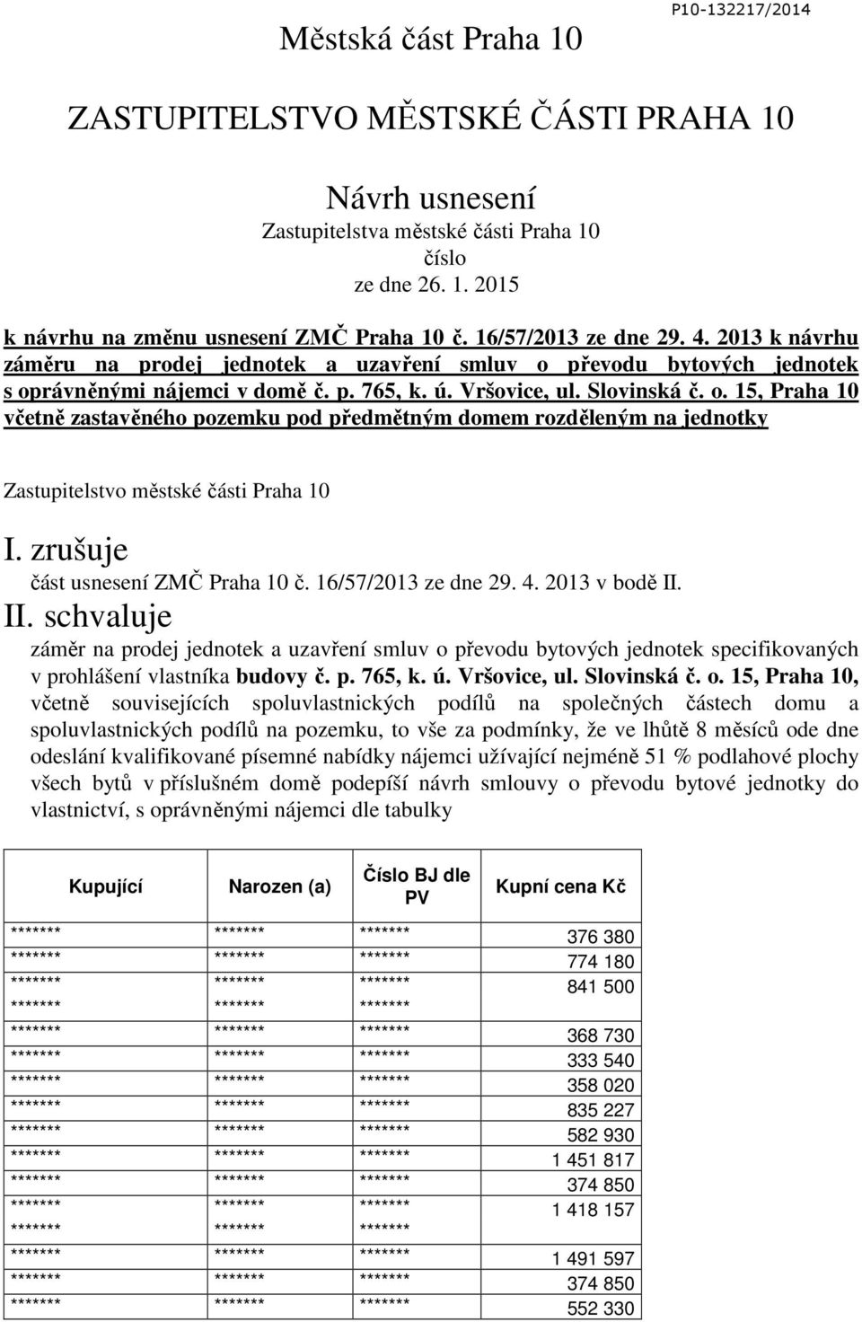 převodu bytových jednotek s oprávněnými nájemci v domě č. p. 765, k. ú. Vršovice, ul. Slovinská č. o. 15, Praha 10 včetně zastavěného pozemku pod předmětným domem rozděleným na jednotky Zastupitelstvo městské části Praha 10 I.