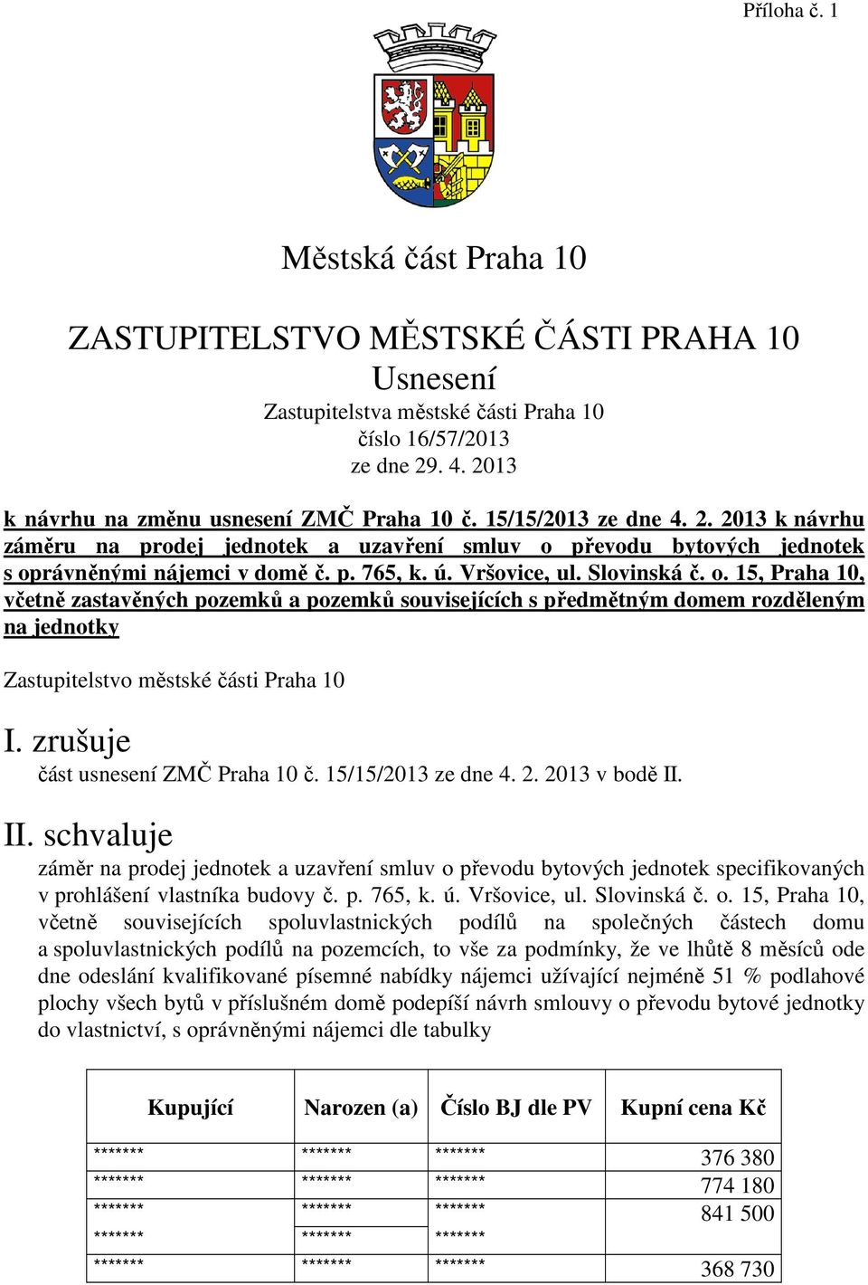 převodu bytových jednotek s oprávněnými nájemci v domě č. p. 765, k. ú. Vršovice, ul. Slovinská č. o. 15, Praha 10, včetně zastavěných pozemků a pozemků souvisejících s předmětným domem rozděleným na jednotky Zastupitelstvo městské části Praha 10 I.