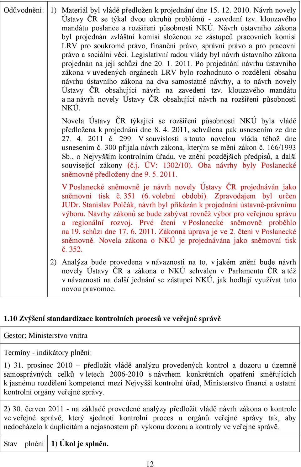 Legislativní radou vlády byl návrh ústavního zákona projednán na její schůzi dne 20. 1. 2011.