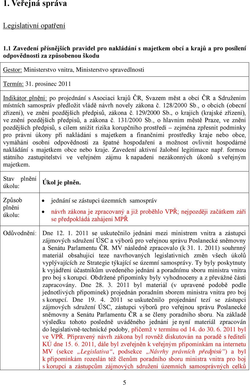 prosinec 2011 Indikátor : po projednání s Asociací krajů ČR, Svazem měst a obcí ČR a Sdružením místních samospráv předložit vládě návrh novely zákona č. 128/2000 Sb.