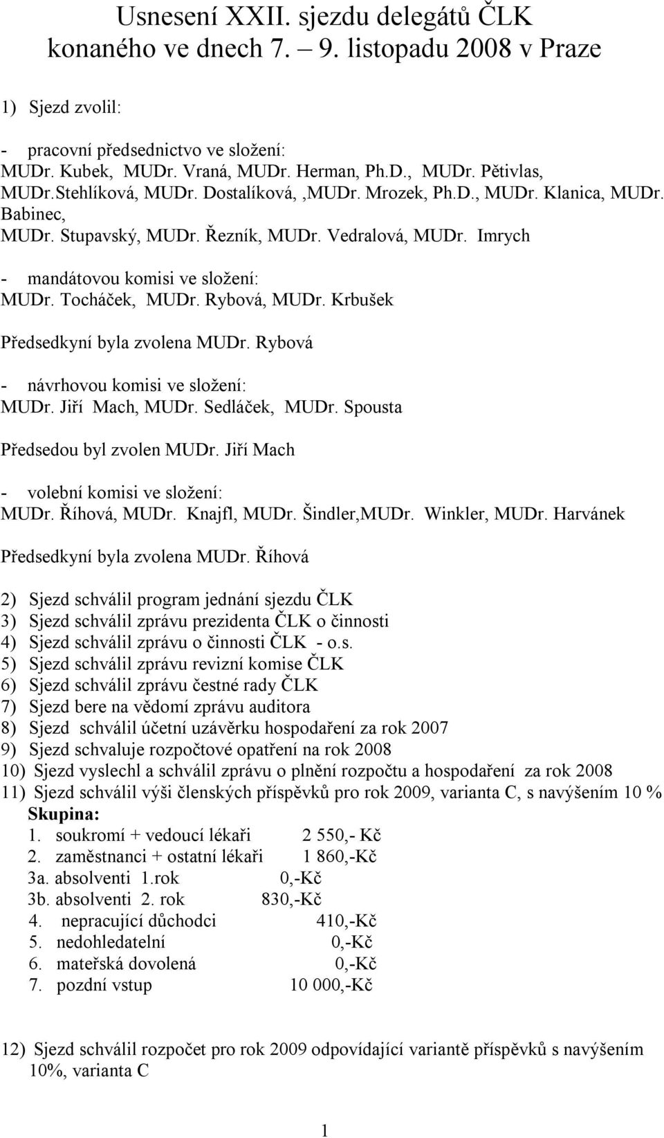 Rybová, MUDr. Krbušek Předsedkyní byla zvolena MUDr. Rybová - návrhovou komisi ve složení: MUDr. Jiří Mach, MUDr. Sedláček, MUDr. Spousta Předsedou byl zvolen MUDr.