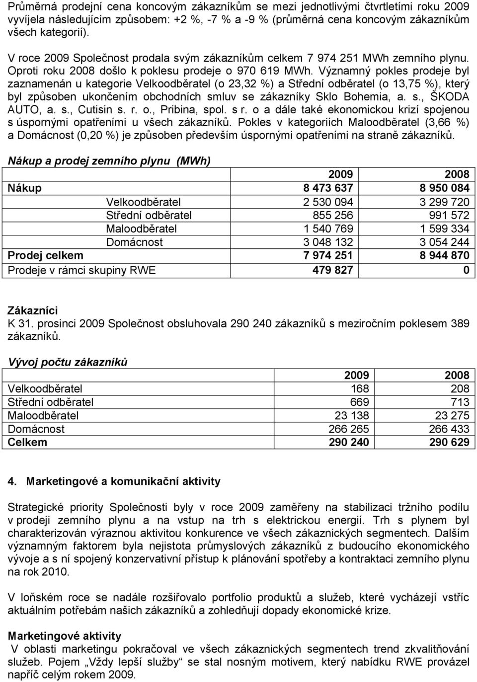 Významný pokles prodeje byl zaznamenán u kategorie Velkoodběratel (o 23,32 %) a Střední odběratel (o 13,75 %), který byl způsoben ukončením obchodních smluv se zákazníky Sklo Bohemia, a. s., ŠKODA AUTO, a.