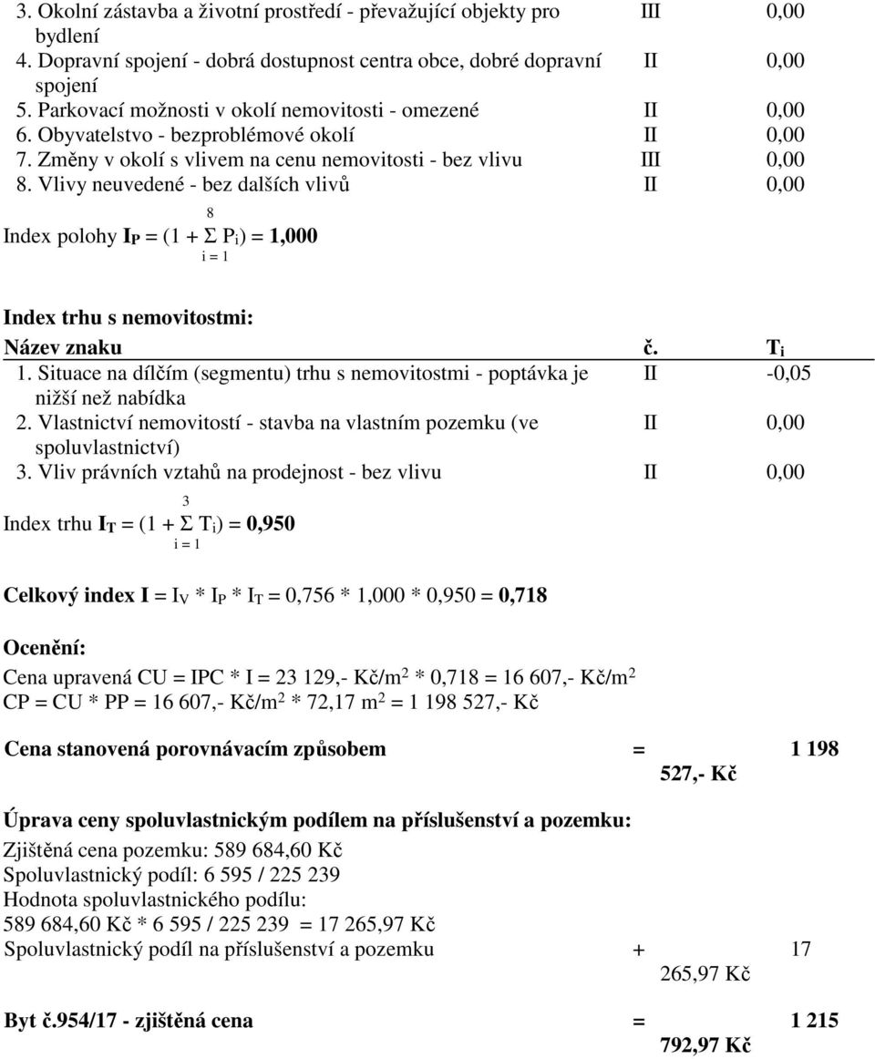 Vlivy neuvedené - bez dalších vlivů II 0,00 8 Index polohy I P = (1 + Σ P i ) = 1,000 i = 1 Index trhu s nemovitostmi: Název znaku č. T i 1.