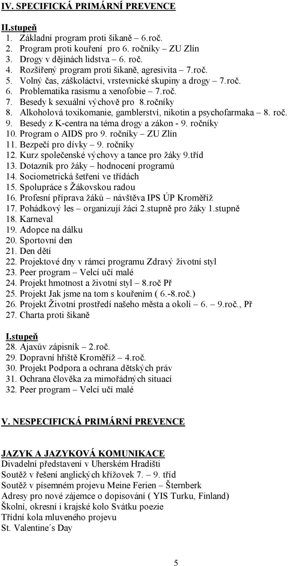 Alkoholová toxikomanie, gamblerství, nikotin a psychofarmaka 8. roč. 9. Besedy z K-centra na téma drogy a zákon - 9. ročníky 10. Program o AIDS pro 9. ročníky ZU Zlín 11. Bezpečí pro dívky 9.