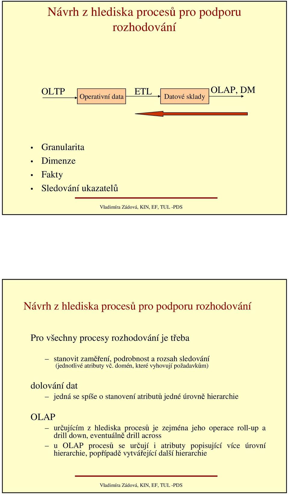 domén, které vyhovují požadavkům) dolování dat jedná se spíše o stanovení atributů jedné úrovně hierarchie OLAP určujícím z hlediska procesů je zejména jeho