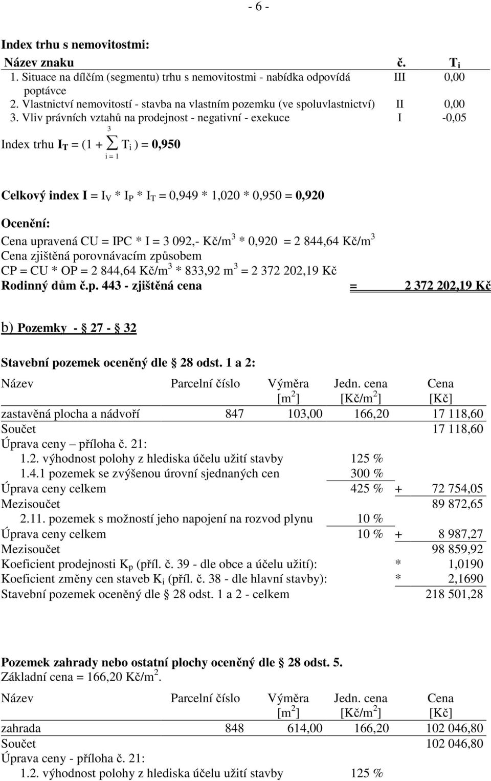 Vliv právních vztahů na prodejnost - negativní - exekuce I -0,05 3 Index trhu I T = (1 + T i ) = 0,950 i = 1 Celkový index I = I V * I P * I T = 0,949 * 1,020 * 0,950 = 0,920 Ocenění: Cena upravená