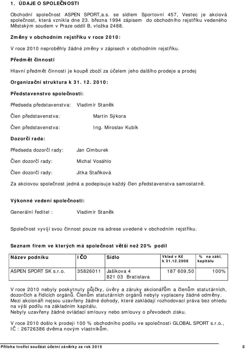 Zm ny vobchodním rejst íku vroce 2010: Vroce 2010 neprob hly žádné zm ny vzápisech vobchodním rejst íku.