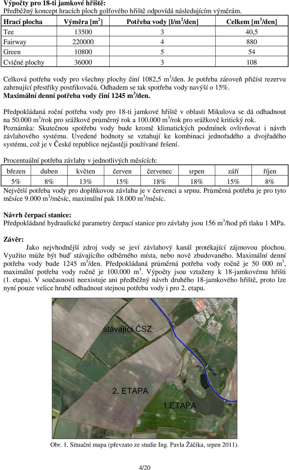 1082,5 m 3 /den. Je potřeba zároveň přičíst rezervu zahrnující přestřiky postřikovačů. Odhadem se tak spotřeba vody navýší o 15%. Maximální denní potřeba vody činí 1245 m 3 /den.