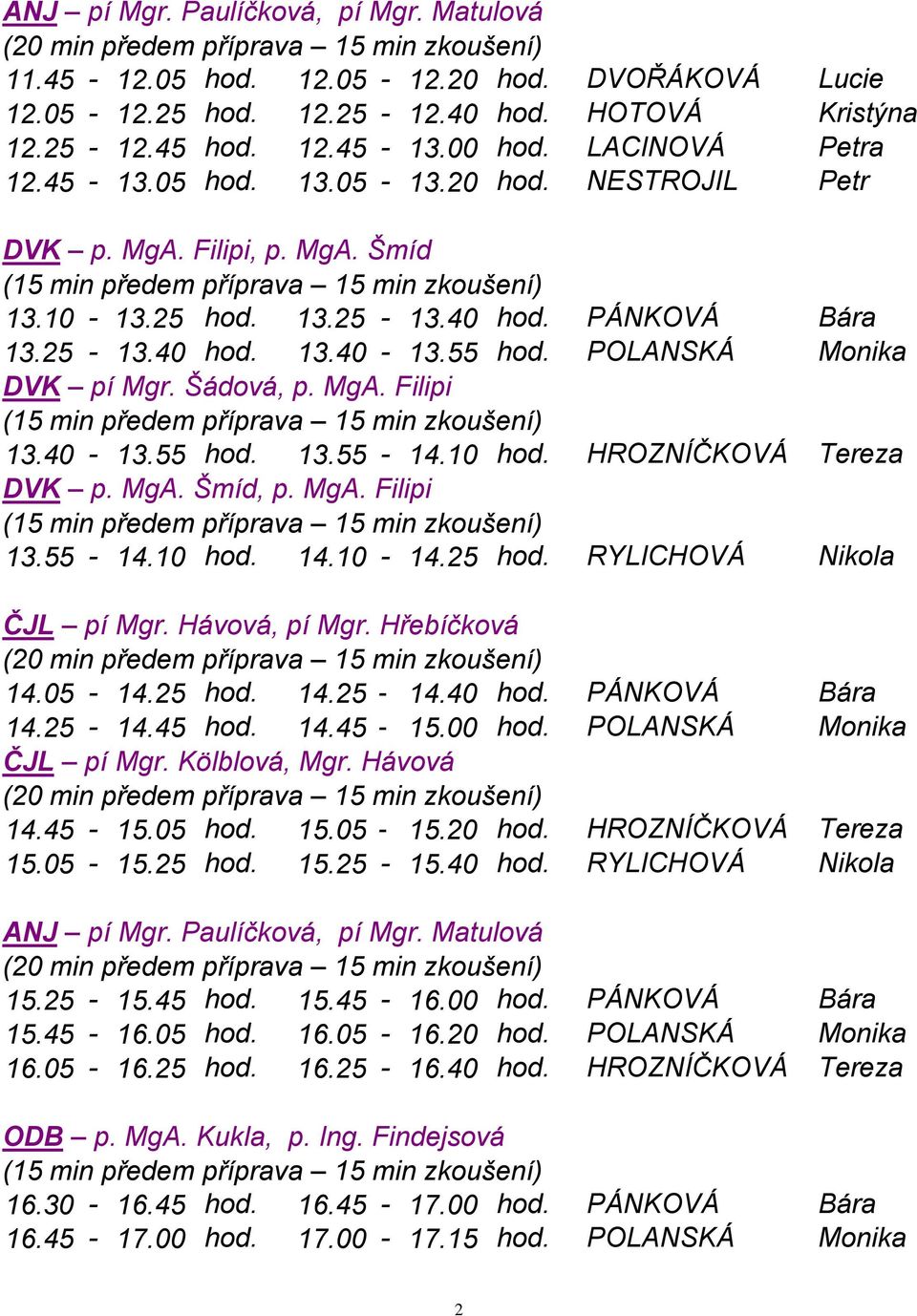 HROZNÍČKOVÁ Tereza DVK p. MgA. Šmíd, p. MgA. Filipi 13.55-14.10 hod. 14.10-14.25 hod. RYLICHOVÁ Nikola 14.05-14.25 hod. 14.25-14.40 hod. PÁNKOVÁ Bára 14.25-14.45 hod. 14.45-15.00 hod.