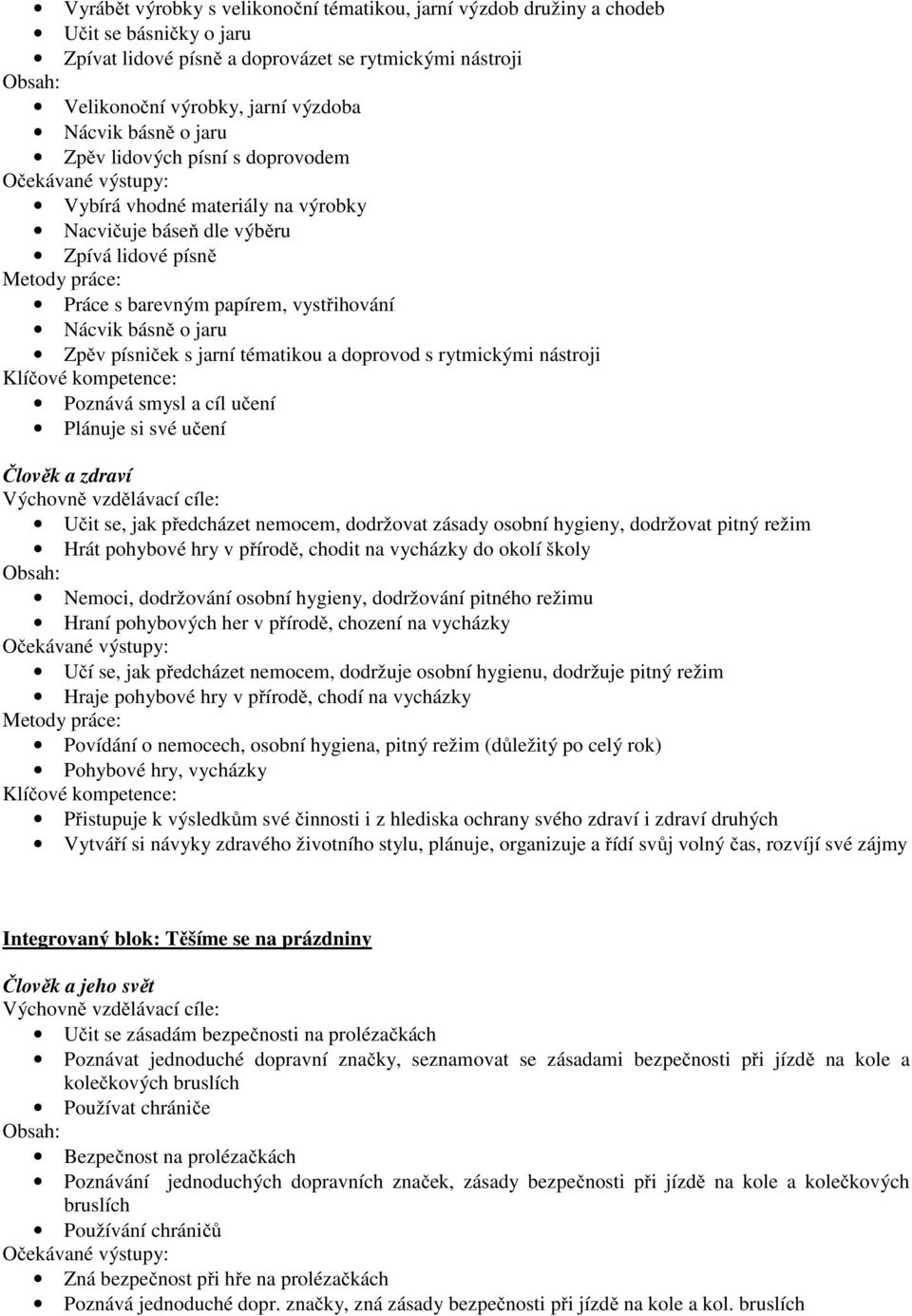 jarní tématikou a doprovod s rytmickými nástroji Poznává smysl a cíl učení Plánuje si své učení Člověk a zdraví Učit se, jak předcházet nemocem, dodržovat zásady osobní hygieny, dodržovat pitný režim