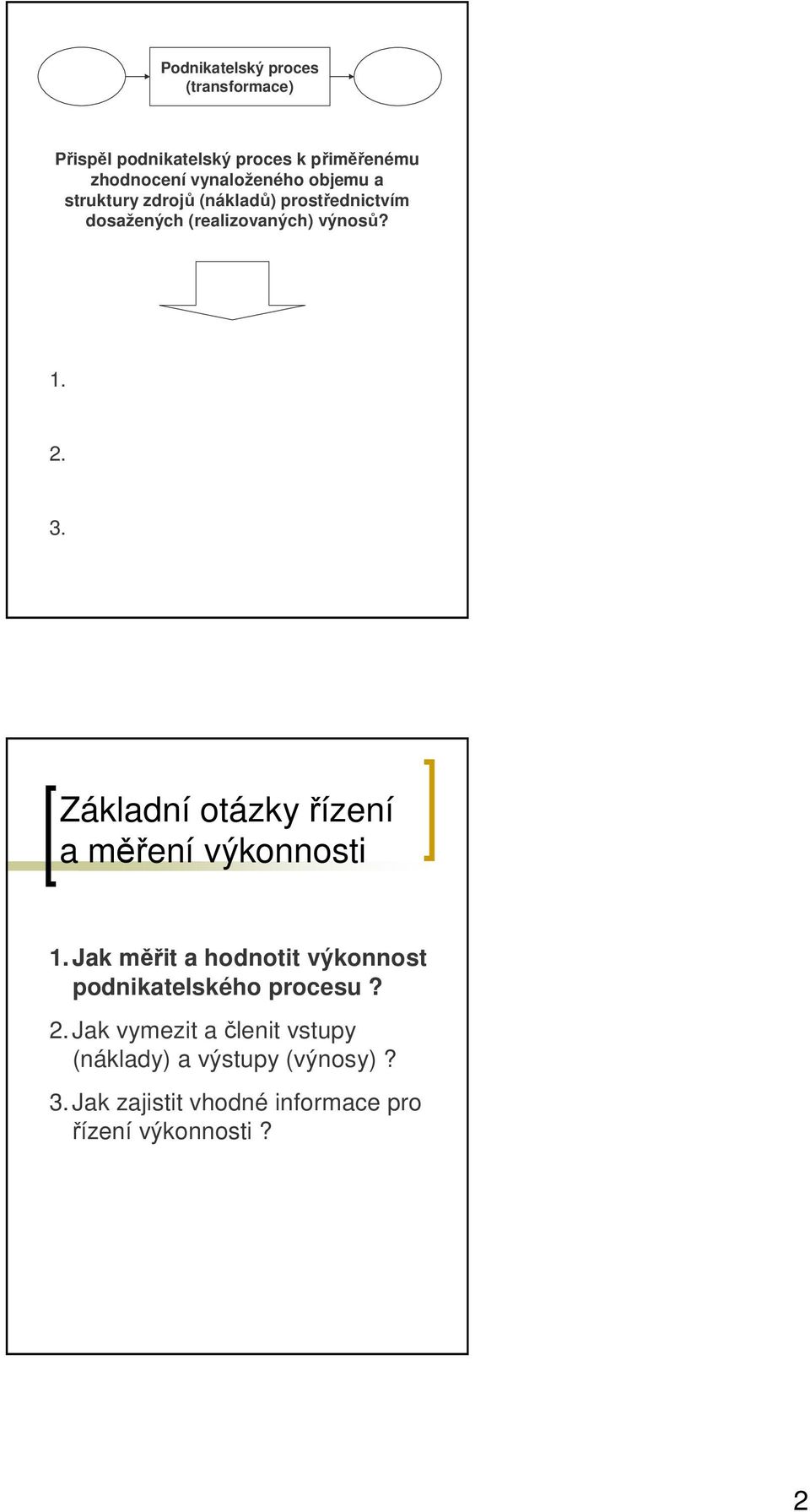 Základní otázky řízení a měření výkonnosti 1. Jak měřit a hodnotit výkonnost podnikatelského procesu? 2.