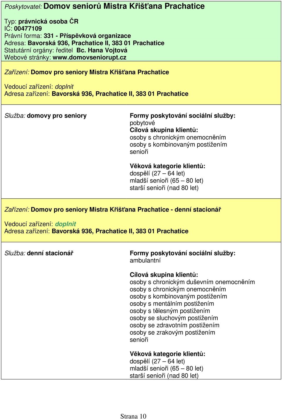 cz Zařízení: Domov pro seniory Mistra Křišťana Prachatice Vedoucí zařízení: doplnit Adresa zařízení: Bavorská 936, Prachatice II, 383 01 Prachatice Služba: domovy pro seniory pobytové osoby s