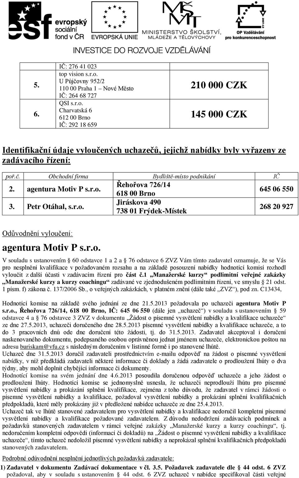 r.o. V souladu s ustanovením 60 odstavce 1 a 2 a 76 odstavce 6 ZVZ Vám tímto zadavatel oznamuje, že se Vás pro nesplnění kvalifikace v požadovaném rozsahu a na základě posouzení nabídky hodnotící