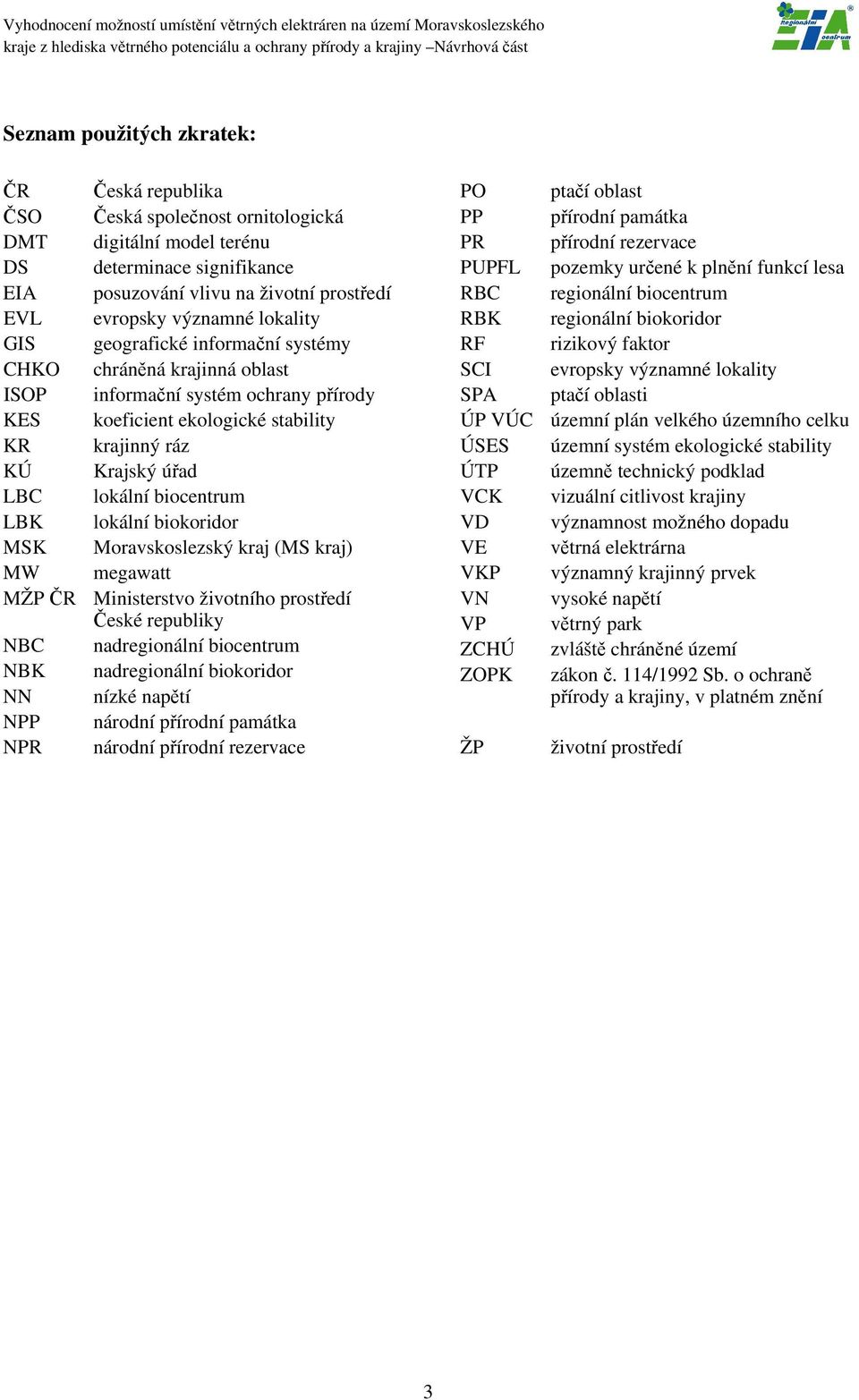 biocentrum LBK lokální biokoridor MSK Moravskoslezský kraj (MS kraj) MW megawatt MŽP ČR Ministerstvo životního prostředí České republiky NBC nadregionální biocentrum NBK nadregionální biokoridor NN