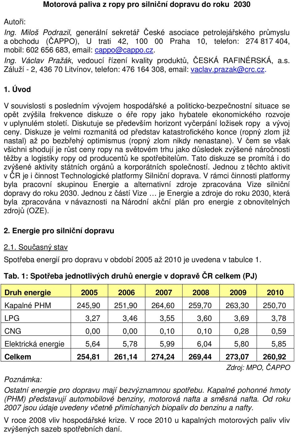 Václav Pražák, vedoucí řízení kvality produktů, ČESKÁ RAFINÉRSKÁ, a.s. Záluží - 2, 436 70 Litvínov, telefon: 476 16